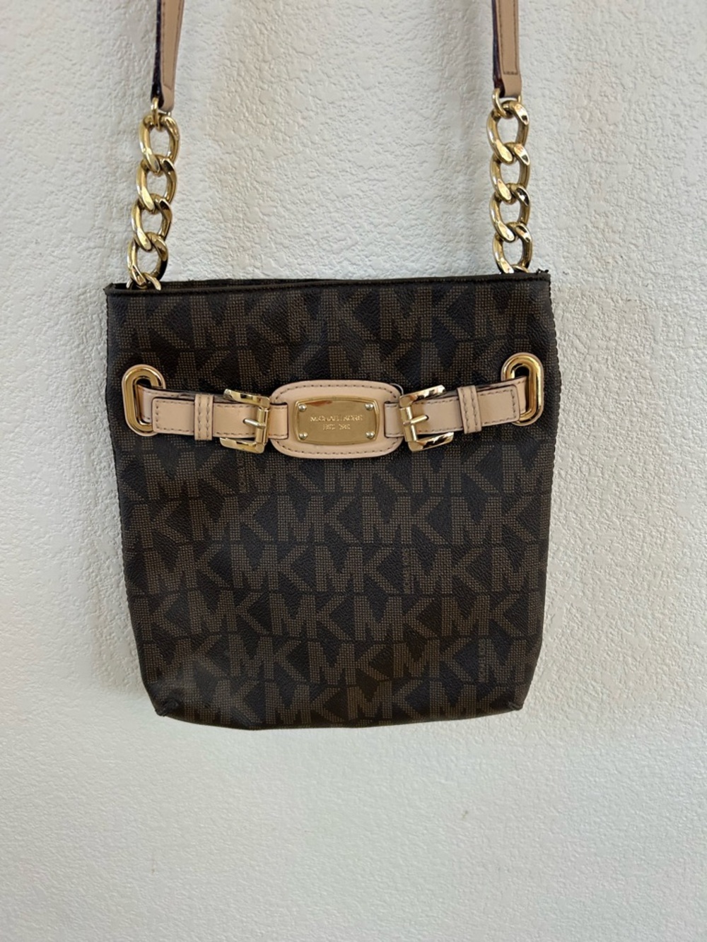 Michael Kors Brown Logo Crossbody with Beige Strap and Gold Hardware